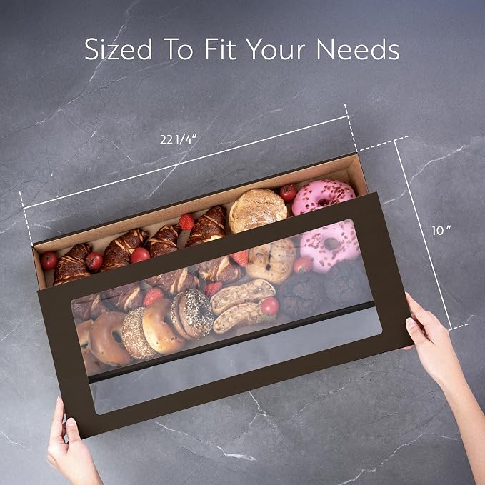 Restaurantware Cater Tek 22.2 x 10 x 3.2 Inch Baked Goods Boxes 10 Greaseproof Pastry Boxes - Window Lids Insert Tab Lock Black Paper Catering Boxes Easy Assembly For Charcuterie Or Cupcakes