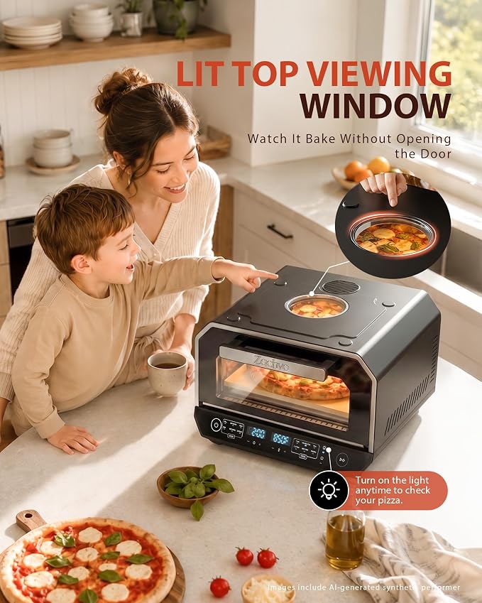13-in-1 Countertop Pizza Oven, 90-Second 12 Inch Pizza, up to 850°F, 6 Presets & 6 Bake Modes, PID Control, Expert Mode Makes 5 in 30 Min for Home Pizzeria, Top Window & On-Demand Light, Black