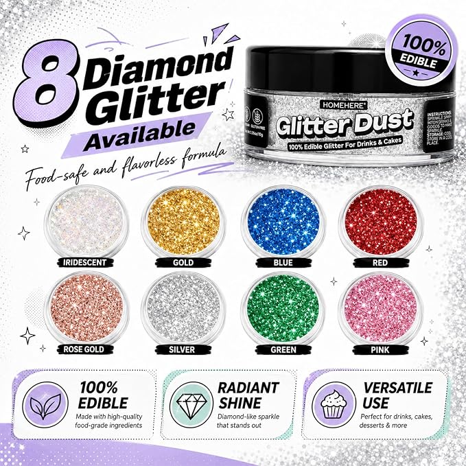 HomeHere Edible Glitter for Drinks & Cakes, 10g Food Grade Disco Diamond Glimmer Dust, Sparkle Powder for Cocktails, Chocolate, Baking Decorations, Vegan& Tasteless (Silvery)