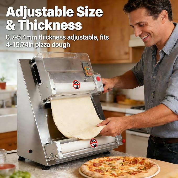 370W Commercial Pizza Dough Roller Sheeter, Stainless Steel Dual Roller Dough Press Machine, 5-Second Automatic Pizza Maker for 4-16 Inch Crust, Adjustable Thickness 0.7-5.4mm, 110V Silver