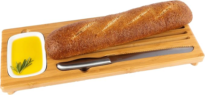 BAMBOO LAND- Large Bamboo Bread Board with Bread Crumb Catcher and Ceramic Dipping Dish