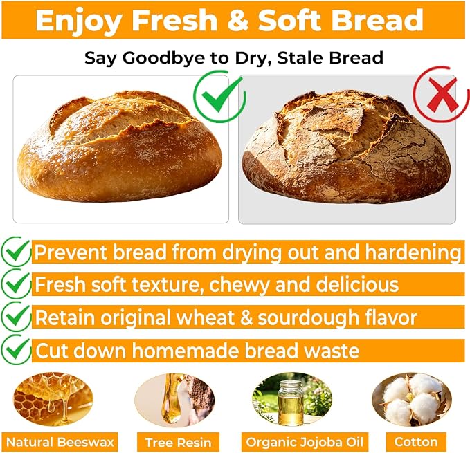 Beeswax Bread Bags for Sourdough & Homemade Bread, 2-Pack 17x13 Inches XL Reusable Bread Storage Bag, Keeps Loaves Fresh Longer, Freezer Safe, Gift for Bakers & Bread Lovers - Sustainable, Zero Waste