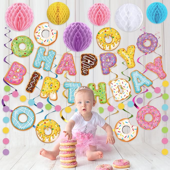 Pasimy 34 Pcs Donut Happy Birthday Banner Donut Party Decorations Doughnut Grow Hanging Swirls Candyland Wall Decor Honeycomb Balls and Dot Garland for Doughnut Birthday Baby Shower Party Supplies