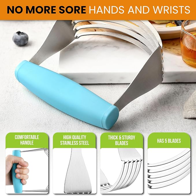 Spring Chef XL Dough Blender Tool For Baking, Heavy Duty Pastry Blender, Stainless Steel Pastry Cutter with Durable Blades, Dough Mixer, Butter Cutter for Easy Mixing, Dishwasher Safe - Aqua Sky