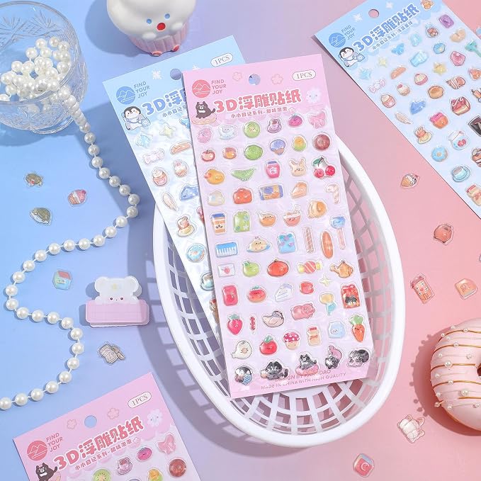 Girl's 3D Cute Japanese Puff Sticker, 100+ Kawaii Dessert and Animal Mini Puffy Stickers, for DIY Scrapbooks Planner Journals Laptops Phone Case Decoration Gifts Rewards, Sweet Bubbles