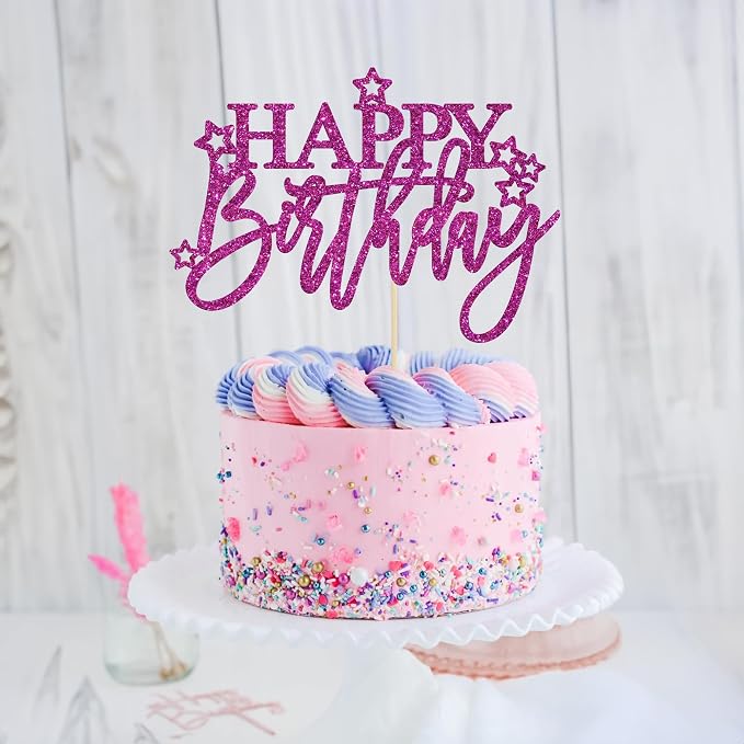 Gyufise 1Pcs Happy Birthday Cake Topper Glitter Happy Birthday Cake Pick for Celebrating Happy Birthday Anniversary Theme Party Cake Decorations Supplies Light Purple