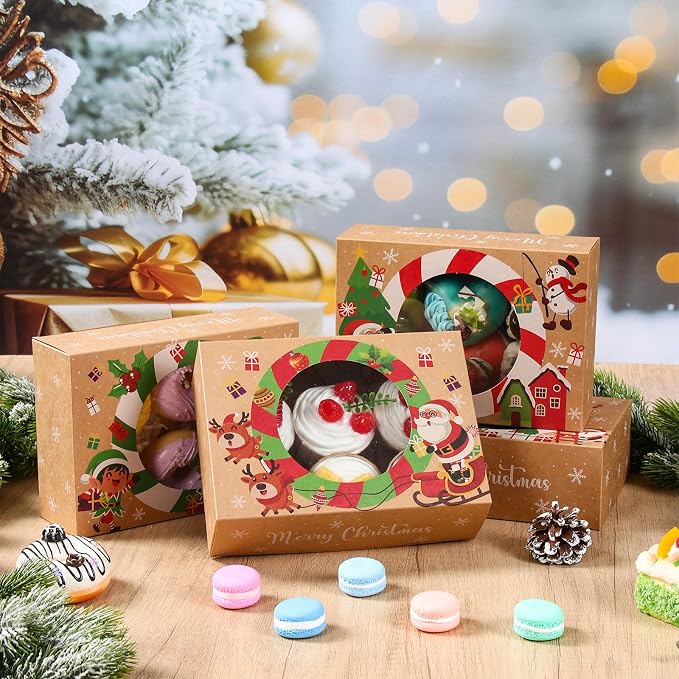 Patimate 12pcs Christmas Cookie Boxes for Gift Giving, 3 Style Brown Kraft Paper Bakery Boxes with Window, Xmas Holiday Treat Containers With Lids for Cookie Cupcakes Donuts Candy