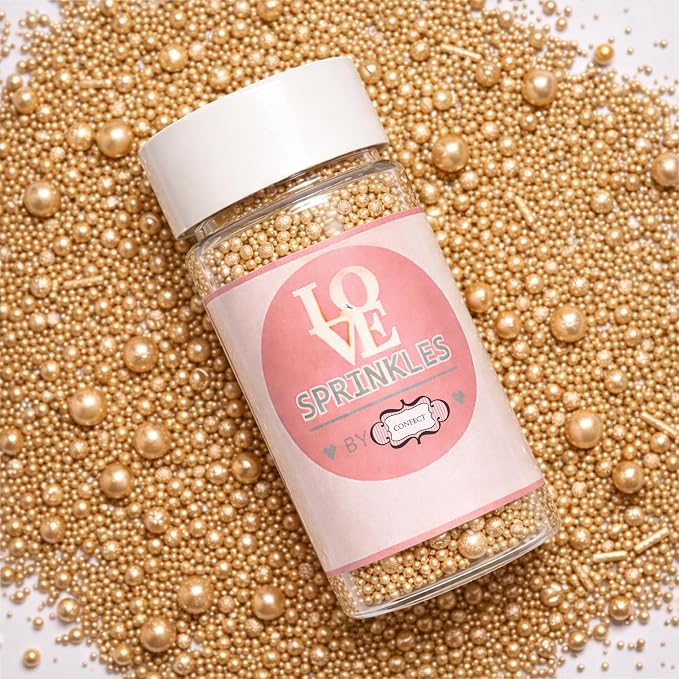 ConfectChampagne Gold Sprinkles – Premium Metallic Pearl Cake & Cupcake Sprinkles (4.2 oz / 120g) – Bake Stable, Soft Chew, No Synthetic Dyes – Edible Decorating Sprinkles for Weddings & Baking