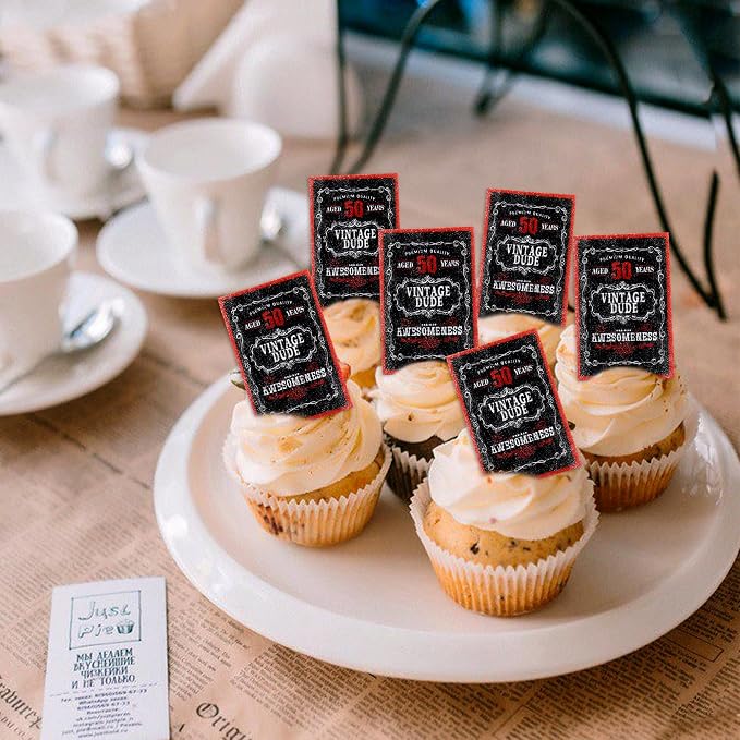 40Pcs Edible Rectangle Aged to 50 Years Card Cupcake Toppers Edible Black Red 50 Vintage Dude Awesomeness Cupcake Picks Drink Toppers for 50th Vintage Birthday Anniversary Party Decorations