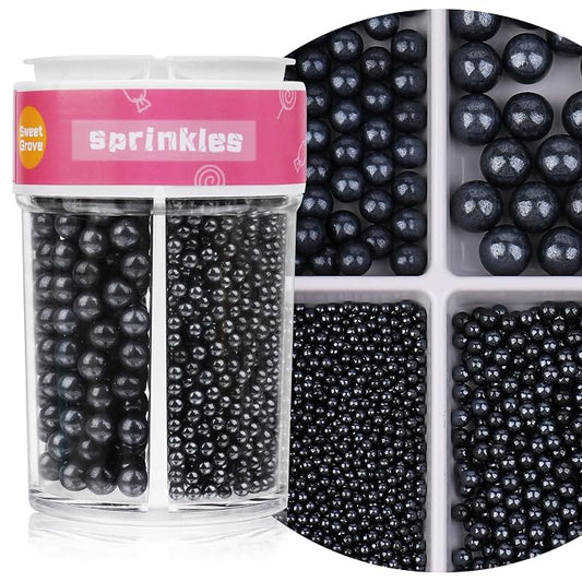 Black Sprinkles for Cake Decorating, 7.8oz Edible Pearl Sprinkles, Sugar Candy Pearls for Baking, Cookie Decorations & Cupcake Topper, Wedding Party Halloween Supplies (Black, 4 Sizes)