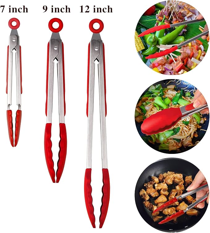 Set of 3 (7, 9, 12 inches) Kitchen Tongs for Cooking - Heavy Duty & Non-Stick with Stainless Steel - Kitchen Tongs with Silicone Tips - Heat Resistant Long Food Tongs for Grilling BBQ - Red