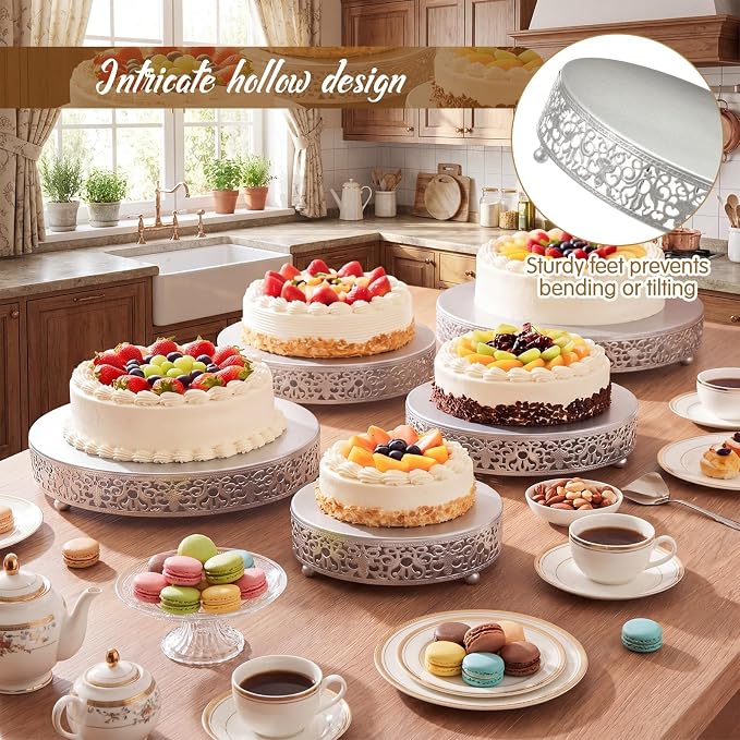 Wenqik 5 Pcs Metal Silver Cake Stand 16/14/12/10/8 Inch Round Cake Holder Display for Dessert Table Cookies Fruit Serving Tray Cupcake Pastry Riser for Wedding Birthday Party and Events