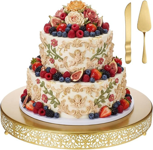 Wenqik 20 Inch Gold Cake Stand Set Metal Round Cupcake Dessert Stand with Cake Cutting, Spatula Wedding Cupcake Pastry Display Candy Holder Display for Wedding Party Birthday Baby Shower(Classic)
