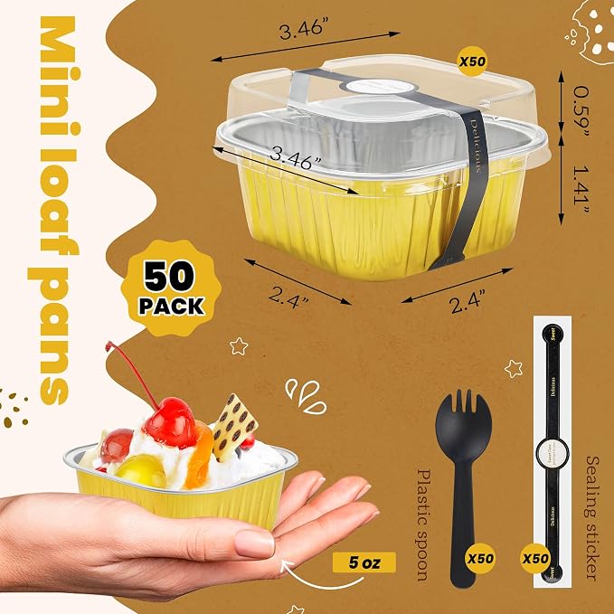 NPLUX 50 Pack Mini Cake Pans with Lids and Spoons Aluminum Foil Pans Square Cake Tins for Bakery Party Wedding, Graduation Gifts Party Favors(Gold,5 oz)