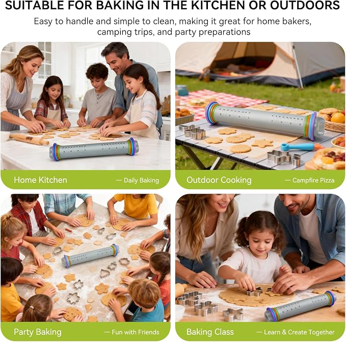 Silicone 9-Inch Adjustable Rolling Pin with 4 Thickness Rings, for Baking,Pizza, Cookie,Pastry, Pie,Baking Supplies for Cookie Fondant Pizza Cake Pasta（Gray）