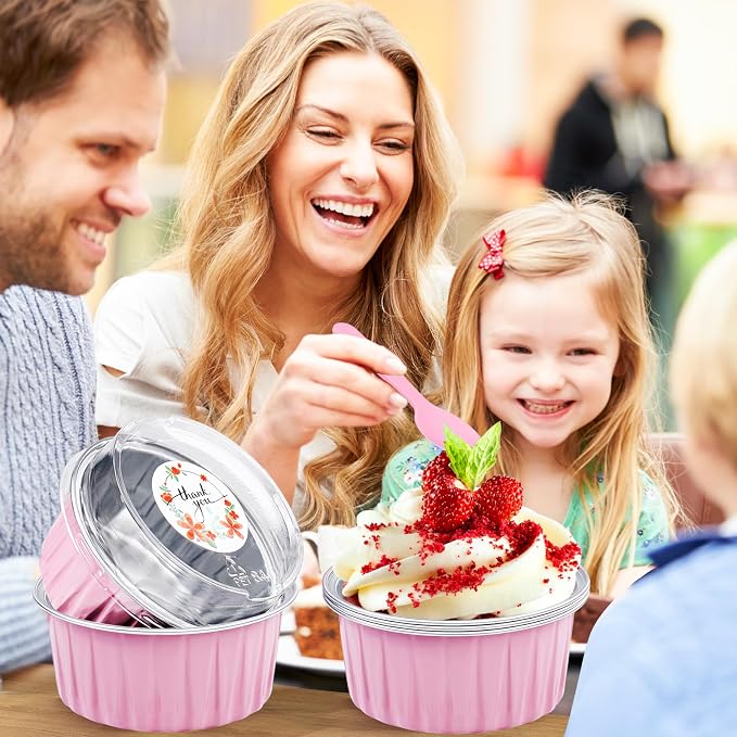 60Pcs Mini Cake Pans with Lids Aluminum Foil, ZOXILEN 5oz Disposable Mini Loaf pans with Lids and Spoons, Small Baking Cups Pie Tins Muffin Pan Cheesecake Containers for Party Pink Round