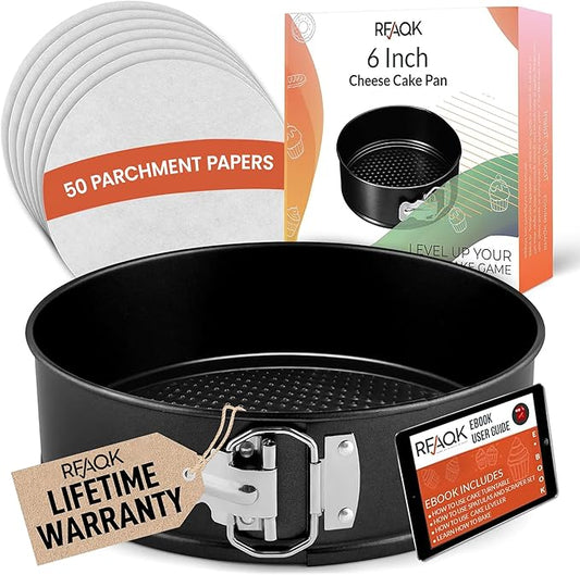 RFAQK 6 Inch Springform Pan with Removable Bottom & 50pcs Parchment Paper - Non-Stick Leakproof Cheesecake & Cake Pan 6 Inch, Fits 3 Qt Inst-Pot, Small Springform Pan for Baking