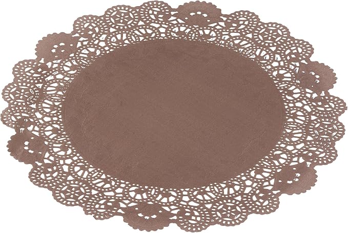 Pastry Tek 12 x 12 Inch Paper Lace Doilies, 100 Disposable Table Doilies - Elegant Lace Finish, Long Lasting, Brown Paper Doily, for Pastries, Cupcakes, Desserts - Restaurantware