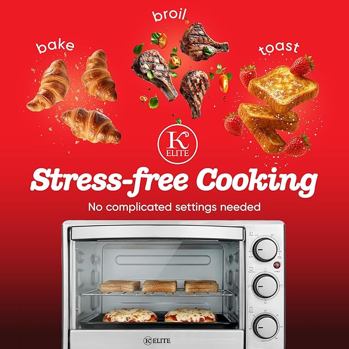 Kitchen Elite Toaster Oven, Compact Countertop Appliance with Bake Tray, Wire Rack, Adjustable Timer, and Temperature Control, Stainless Steel