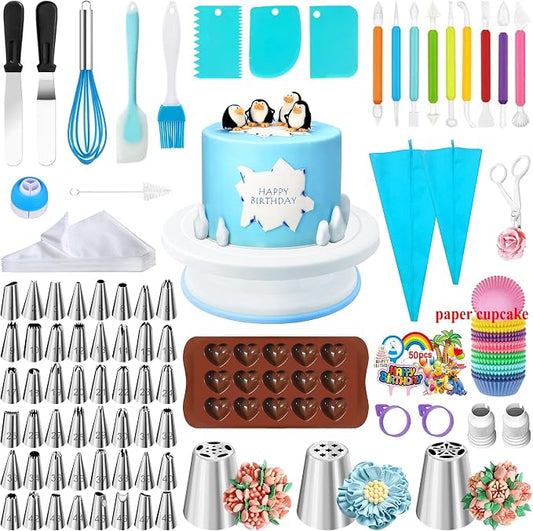 289PC Cake Decorating Kit with Cake Stand Turntable, Cake Baking Supplies 100+1 Piping Bags, Offset & Straight Spatulas Tools Set, 51 Numbered Piping Tips with Pattern Chart
