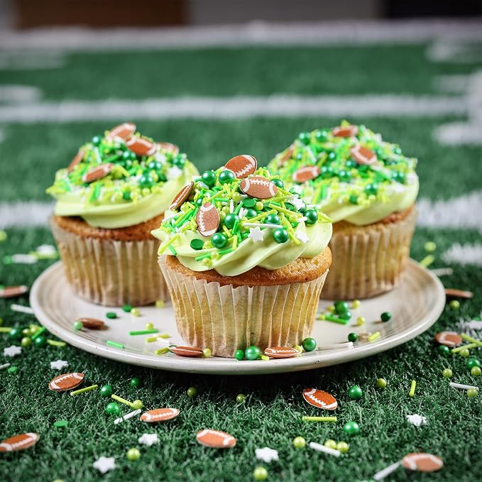 Football Sprinkles for Edible Cake Decorating, Green Sprinkles Mix with Football Edible Rice Paper, 3oz balls Sports Themed Sprinkle for Baking, Cupcakes, Ice Cream, Cookie, Chocolate Decorating