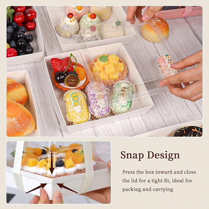 7 x 7 x 2.6 Inches Large Charcuterie Boxes with Clear Lids, 50 Pack Disposable Square Kraft Bakery Boxes, To Go Paper Food Container for Cake Slices, Sandwiches, Cookies, Dessert (White)