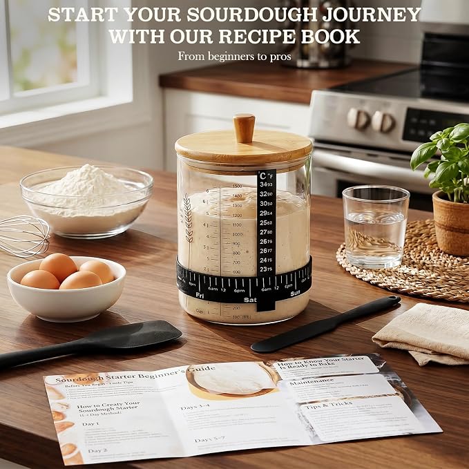 SheeChung 50oz Sourdough Starter Jar, Wide Mouth Sourdough Jar Glass, Bamboo Lid, Cloth Cover, Date Tracker, Scraper, Sourdough Starter Kit, Fermentation Jars, Sour Dough Bread Baking Supplies, 2 Pack