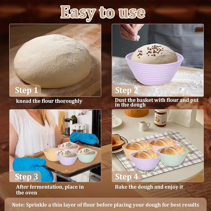 4Pcs Mini Silicone Banneton Bread Proofing Baskets, 5" Sourdough Banneton Proofing Baskets, Non-Stick Round Dough Proofing Bowl Containers Oven Safe for Various Tastes Bread Making-BPA Free