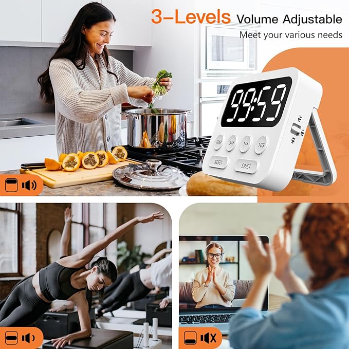 Digital Kitchen Timer with Stopwatch and Countdown Function - Magnetic Classroom Timer for Kids with Large LED Display and Adjustable Volume for Cooking, Exercise, Baking, Desk