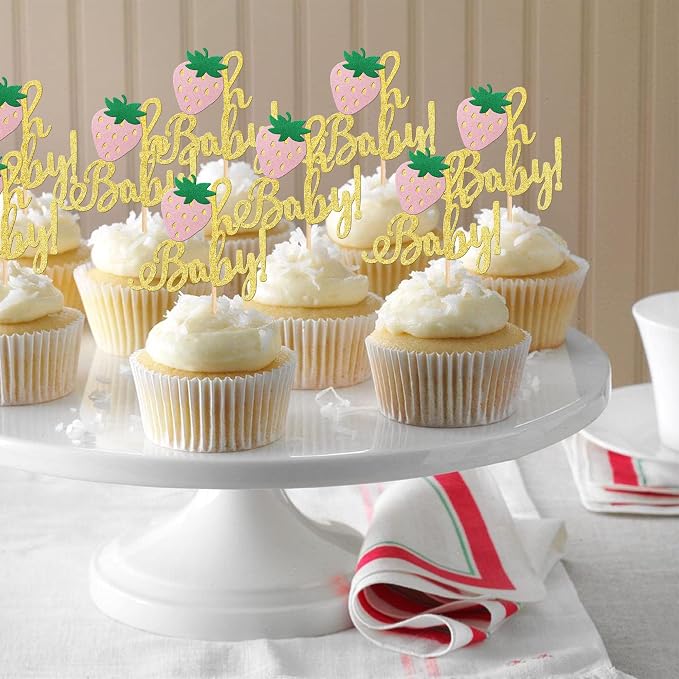 24 PCS Strawberry Oh Baby Cupcake Toppers Glitter Baby Shower Strawberry Cupcake Picks for Fruit Theme Baby Shower Kids Boys Girls Birthday Party Cake Decorations Supplies Gold