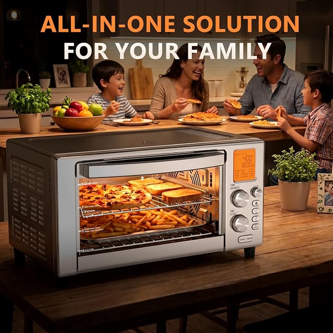 Electactic 1500W Air Fryer Toaster Oven Combo, Stainless Steel Countertop Convection Oven, Versatile Rotisserie Oven with Dehydrator, Fits 12" Pizza, 6 Adjustable Shelves, Digital LCD, Slow Cook