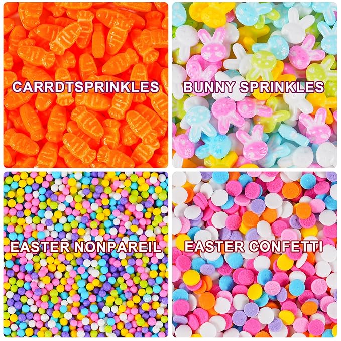 Easter Sprinkles Mix, 6.5oz Edible Carrot Bunny Sprinkles, Pastel Nonpareils and Confetti for Cake Decorating, Easter Baking, Ice Cream Cupcakes Topper & Spring Party Supplies- Pink Blue Green White Yellow