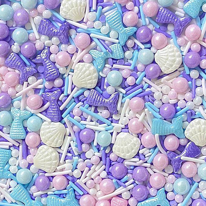 Mermaid Sprinkles Edible Sugar Pearl Shell Jimmies Mix 120g/4.3oz Pastel Sprinkles Ocean Summer Baking Cake Fun Decorations Perfect for Baking Ice Cream,Cookies,Dessert,Cupcake Topper,Birthday Party Supplies