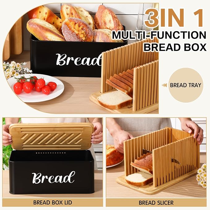 Bread Box with Bread Slicer Storage Container for Kitchen Countertop Food Storage with Multifunction Bamboo Lid, 3 in 1 Breadbox Removable Cut Board for Loaf Slicing (Black,Wood, Metal,Bamboo)