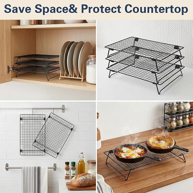 3-Tier Stackable Cooling Rack for Cooking and Baking, 17" x 11" Large Black Wire Cooling Rack, Foldable & Heavy Duty Cookie Cooling Rack, Oven Safe Baking Rack