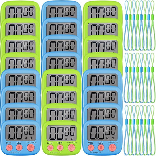 Weewooday 24 Pcs Small Digital Kitchen Timer Magnetic Back and Switch Minute Second Count up Countdown Big LCD Display Loud Alarm for Teacher Cooking Baking (Blue,Green)