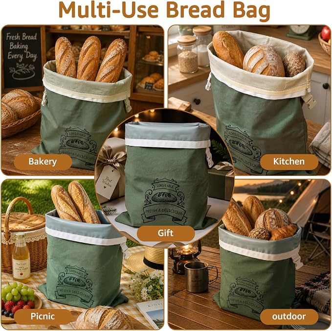 Bread Bags for Homemade Bread & Sourdough - 2 Pack Reusable Beeswax Bread Bags, 100% Cotton with Detachable Liner & TPU Freezer Bag, 17x14in, Freezer Safe & Washable