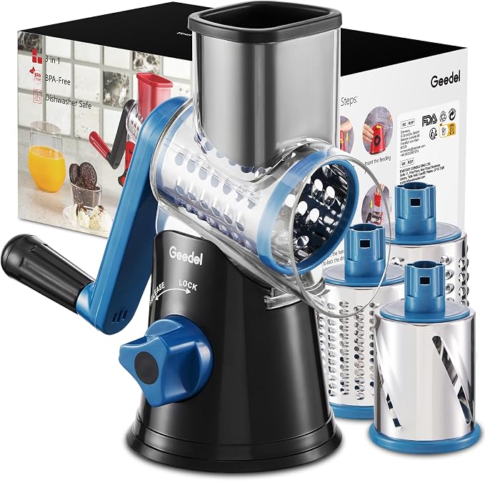 Geedel Rotary Cheese Grater, Kitchen Mandoline Vegetable Slicer with 3 Interchangeable Blades, Easy to Clean Rotary Grater Slicer for Fruit, Vegetables, Nuts