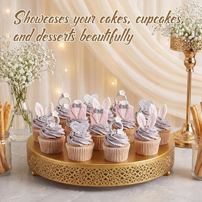 Wenqik 2 Pack Cake Stand Set, 14/16 Inch Metal Cupcake Dessert Stand Decorative Round Elegant Cake Display for Weddings Party Baby Showers Birthday Anniversary, Gold