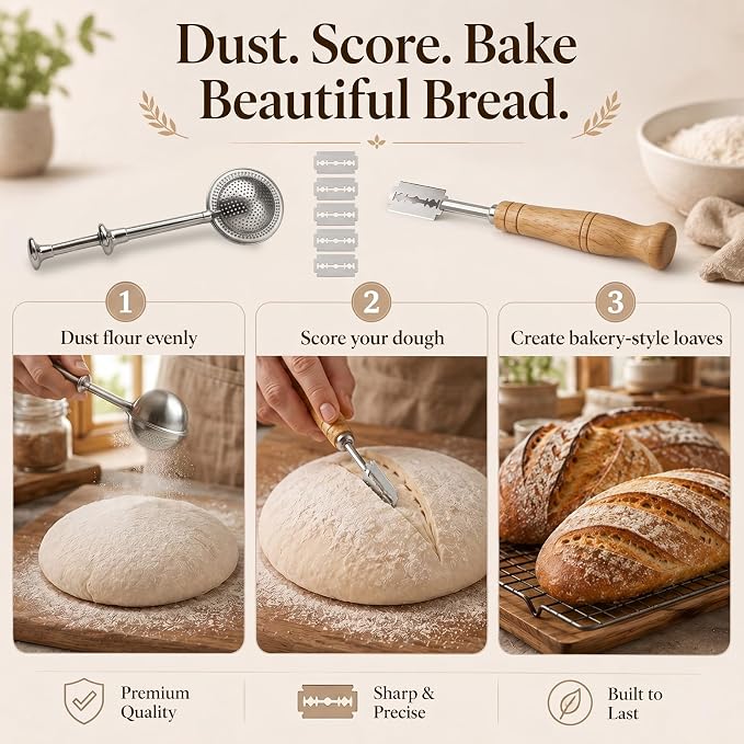 Bread Lame and Flour Duster Sets, 304 Stainless Steel Bread Scoring Tool | Ergonomic Handle, Sharp Blades, 5 Razor Blades and Leather Cover, Perfect for Home Bakers to Make Homemade Bread