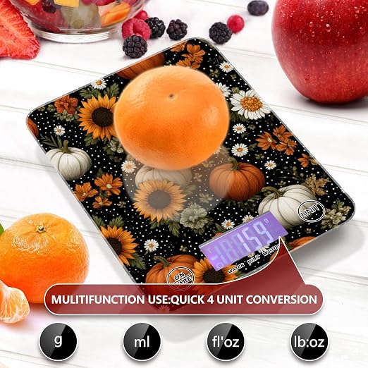 Food Scale Kitchen Scale for Baking Cooking Digital Food Weighing Measuring Scale Small Waterproof Electric Food Scale Black Dotty Pumpkins Sunflowers Daisy