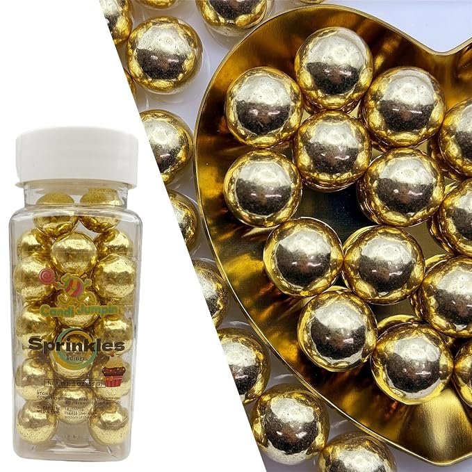 CandiJumpin 14mm Large Gold Edible Pearls, Gold Pearl Sprinkles for Cake Decorating Jumbo Sugar Pearls Edible Cake Decorations Pearl Sugar Sprinkles Cupcake Toppers Baby Shower Party Birthday Wedding Christmas Supplies 3 OZ