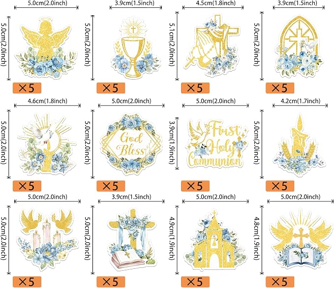 60 PCS Edible God Bless Cupcake Toppers Dove Cross Cupcake Picks Edible Floral First Communion Cake Decorations for Religious Gold Bless Baptism Theme Baby Shower Birthday Party Supplies Blue