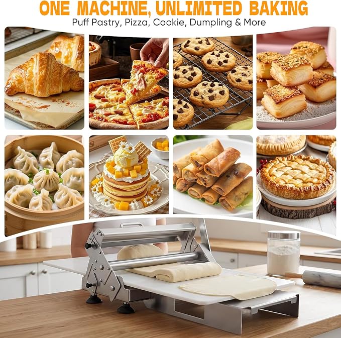 Stainless Steel Dough Sheeter Machine, Folding Manual Dough Press, 0-27mm Adjustable Thickness, Press Panel Included, Fit for Home Kitchen and Professional Bakery Use