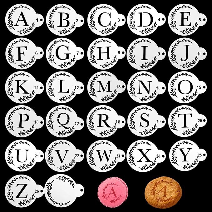 27 PCS Cookie Decorating Stencils Small Letter Stencil for Cookie Royal Icing Cookies Stencil 3 X 3.6 Inch Reusable Alphabet Stencils for Cake Coffee Decorating Baking DIY