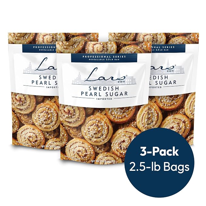Lars Own Professional Series Swedish Pearl Sugar – 3-Pack, 2.5-lb Resealable Bag – Non-Melting, All-Natural Decorative Nib Sugar for Baking