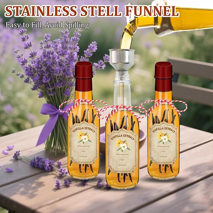 16 Pack 5 oz Glass Vanilla Extract Bottles with Lids, Labels, Shrink Bands & Funnel – Ideal for Syrup, Essential Oils, and Homemade Extract Gifting