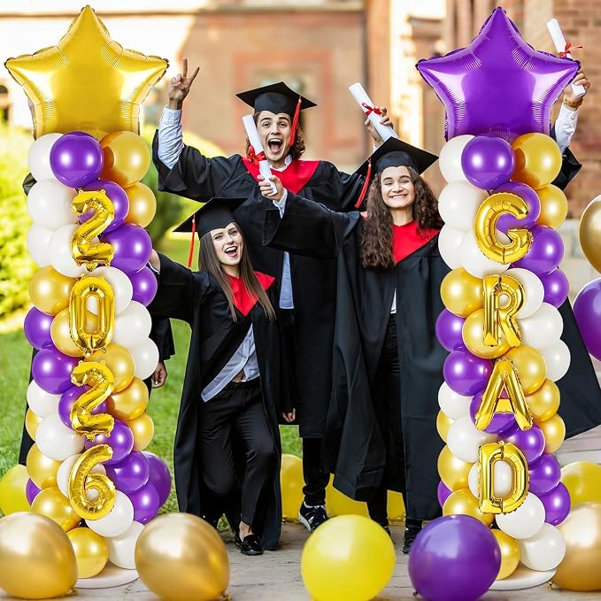 2 Sets Graduation Balloon Column Stand Kits with 132 PCS Purple Golden White Latex Balloons 2026 Letters 6.5 Ft Adjustable Metal Tube Telescopic Tower Pillar with Base for Graduation Party Decoration
