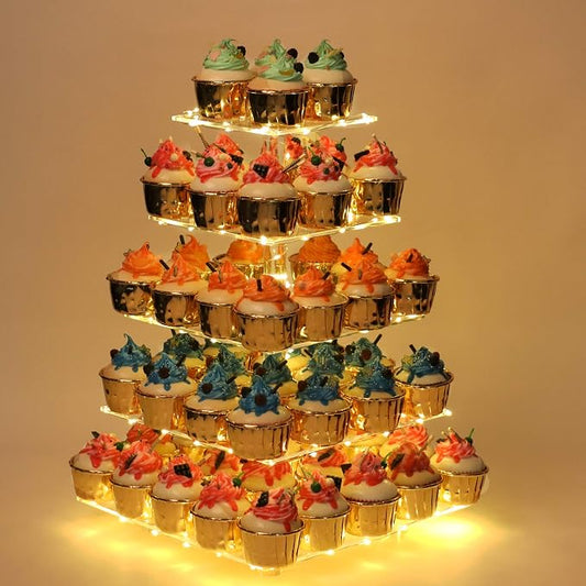 YestBuy 5 Tier Cupcake Stand for 60 Cupcakes,Clear Acrylic Cupcake Tower with Yellow LED Lights and 4.7" Clear Tiers, Perfect for Weddings, Birthdays and Dessert Tables