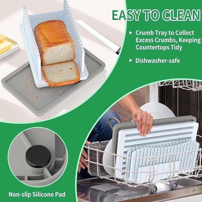 CAWIU Bread Slicer for Homemade Bread, Foldable Bread Cutter with Crumb Tray, Adjustable Width Bread Slicing Guide for Loafs, Sandwiches, Bagels, and Cakes